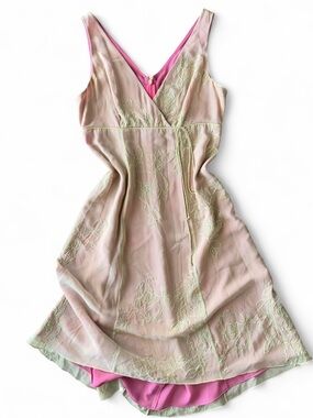 Adrianna 100% Silk V-Neck Beaded Floral Fairycore Summer Pink Green Dress Size 4